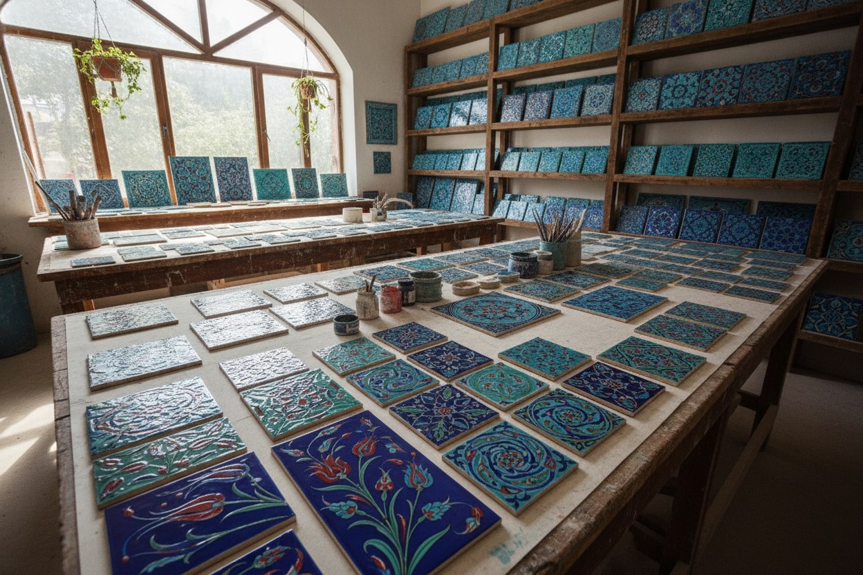 Galata'daki MİNA atölyesinde çalışma tezgâhı, sır fırını ve boyanmış karolar