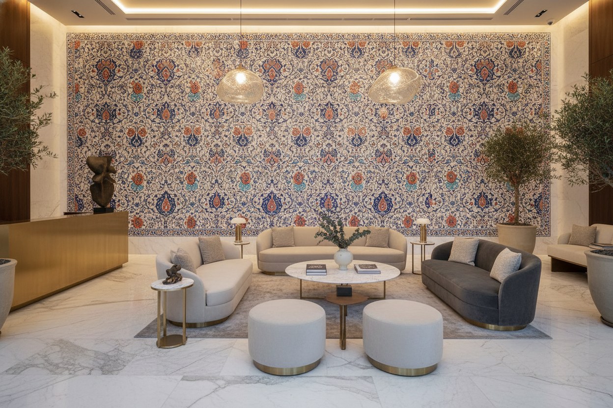 Butik otel lobisinde el yapımı çini duvar panosu — mavi ve altın sırlı desen