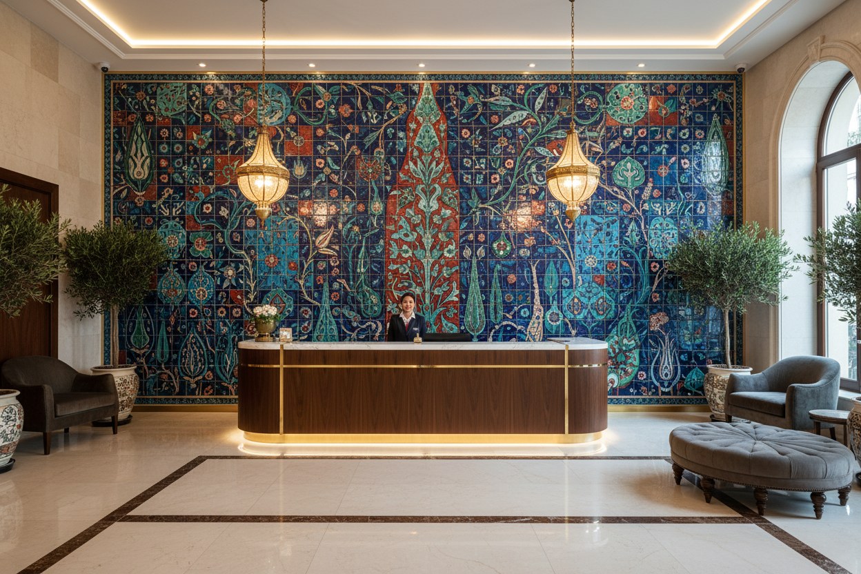 Boğaz kıyısı butik otel lobisinde tavana kadar uzanan çini duvar panosu