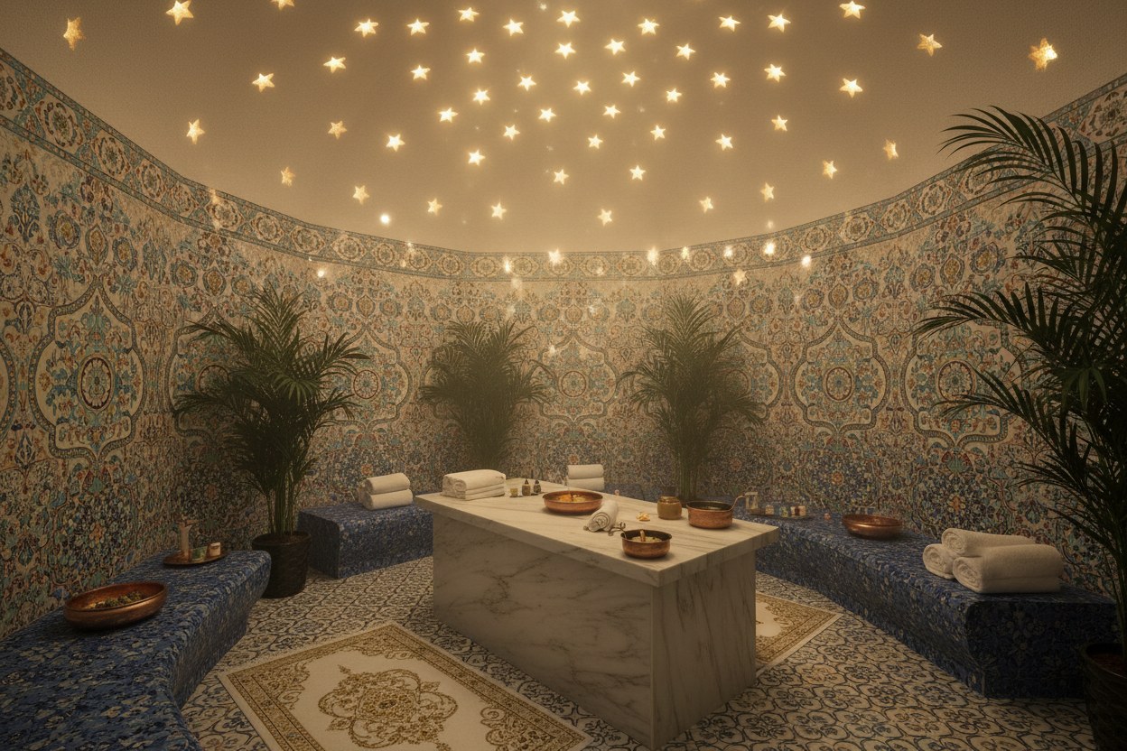 Villa hamamında çini kaplı kubbe ve göbek taşı çevresi